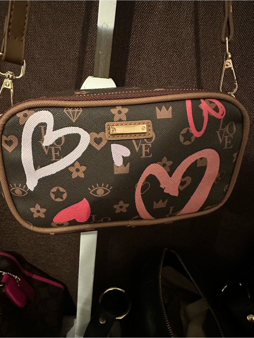 Brown Crossbody Bag with Pink & Red Heart Print